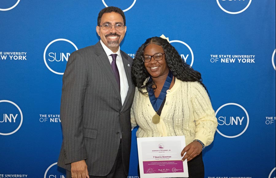 SUNY Chancellor John B. King Jr. presented Cayuga Class of 2026 member T&rsquo;Queria Bowman with the prestigious Norman R. McConney Jr. Award for Student Excellence