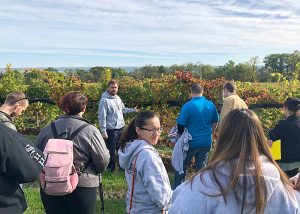 Students at the Buttonwood Grove Winery overlookng the countryside and vineyard
